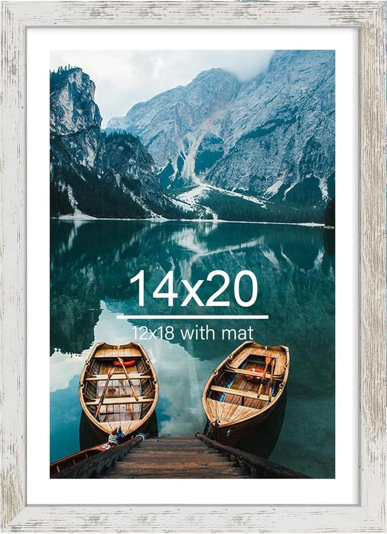 14x20 Picture Frame 1 Pack, Distressed White Wood Style - Display 14 x 20 Picture without Mat or 12x18 Picture with Mat, Wall Mounting Horizontal and Vertical