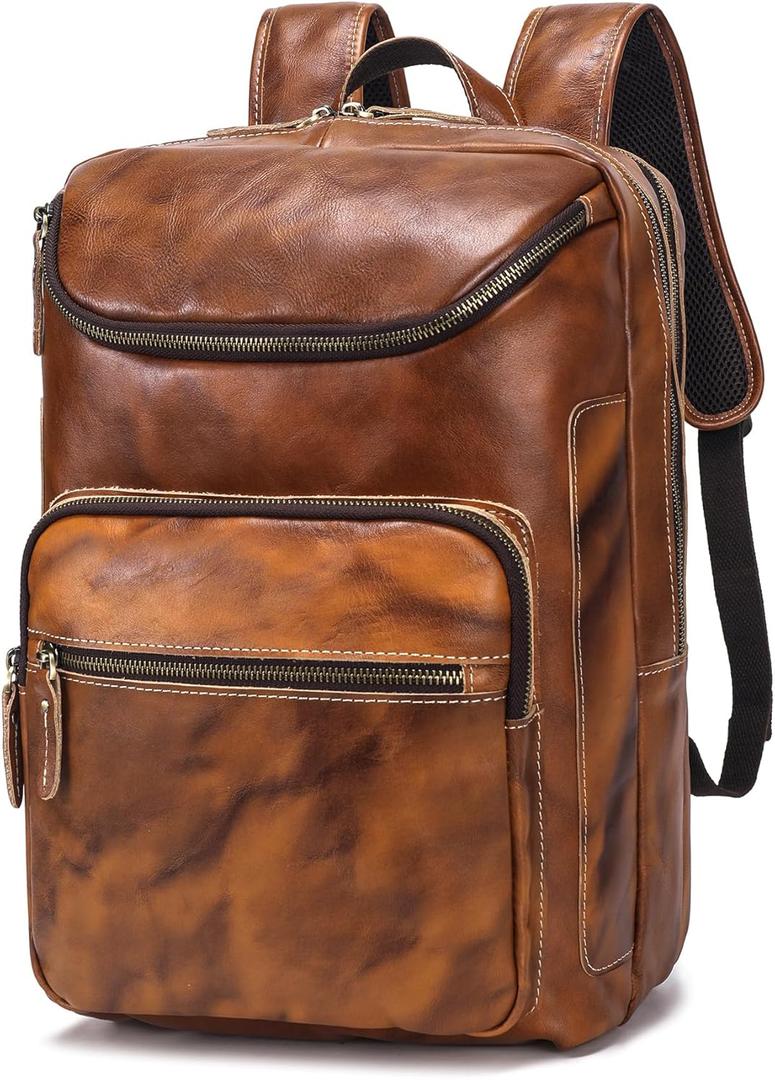 LANNSYNE Vegetable Tanned Leather Backpack For Men, 15.6" Leather Laptop Backpack Hiking Travel Bag Camping Rucksack (Yellow)