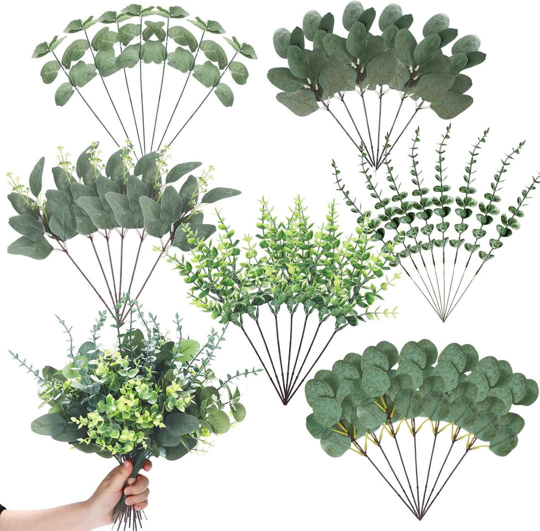 Ceenna 30 Pcs 6 Kinds Mixed Greenery Stem Artificial Faux Eucalyptus Leaves Silver Dollar Eucalyptus Picks and Sprays for Vase Dried Fake Greenery Filler Leaves Bundle for Wedding Floral Arrangement
