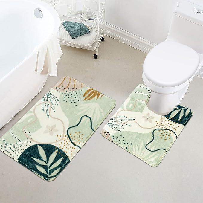 Uphome Bath Mats for Bathroom, Cute Green Plant Toilet Rugs U Shaped, Non Slip Washable Soft Bath Mat, Abstract Botanical Bathroom Carpet, Mid Centry Aesthetic Contour Bath Rug for Toilet Sink Tub, Size: 20x31+U Shape 20x24 inch