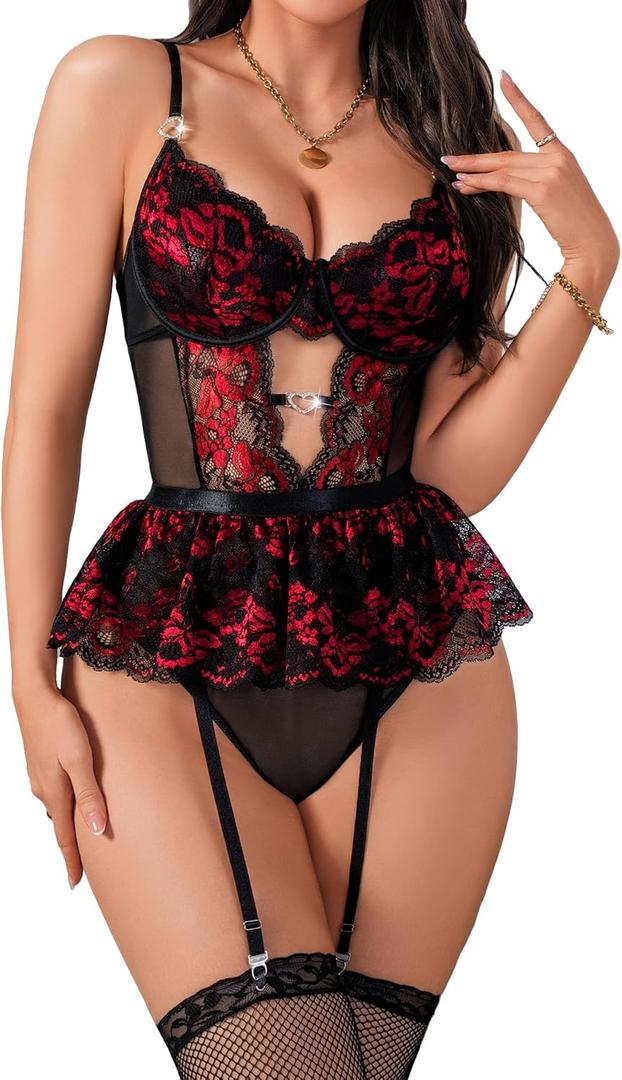 Women Lingerie Set Naughty Lace Bodysuit High Waisted Underwire Lingerie Babydoll With Garter Belt and Stockings (3X-Large, Black & Red)