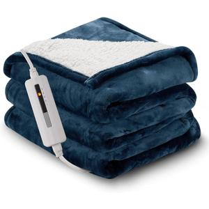 RALYSUN Electric Heated Blanket Queen Size 84"x90"  DualSided with Microplush & Sherpa Fabric, 4 Heat Settings & 10 Hours Auto Off, Dual Controller, Machine Washable  Dark Blue