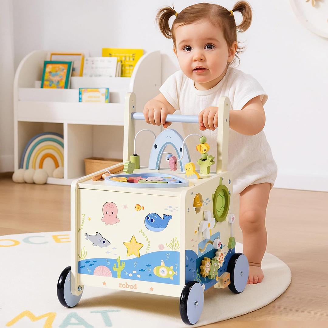 ROBUD Wooden Baby Push Walker, Marine Theme Learning Walking Toys, Adjustable Height Baby Walker with Decelerator, Montessori Toys for Baby Age 10 Months+, WRP23, L14.6 X W15.4 X H19.7 Inches