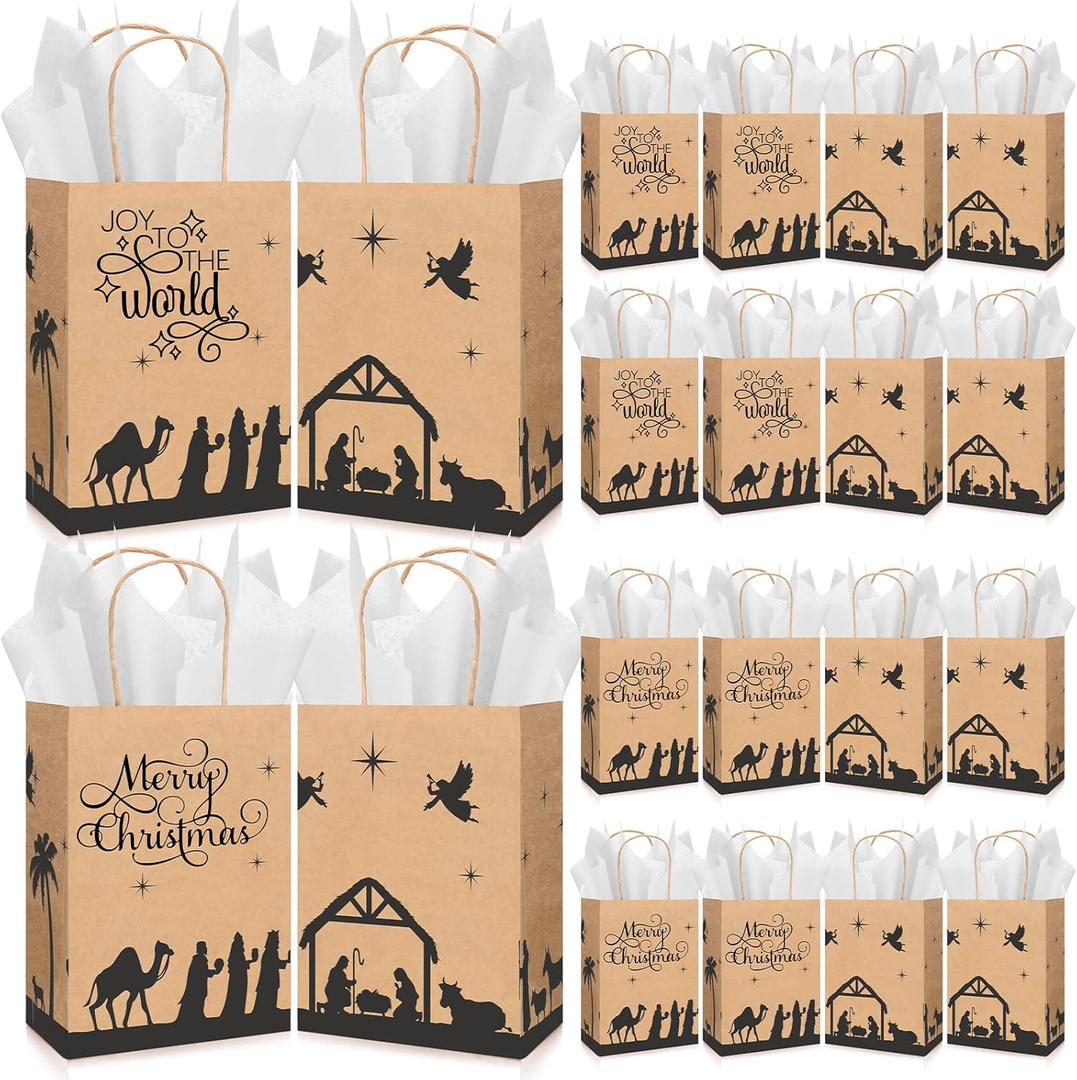 Kolldenn 30 Set Christmas Nativity Gift Bags Christian Kraft Paper Bags Joy to The World Christmas Goodie Boxes with Tissue Paper Religious Gift Boxes for Xmas Holiday Holy Nativity Party, 2 Styles