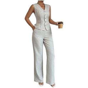 SOLY HUX Women's 2 Piece Outfits V Neck Button Down Vest Tops and High Waisted Pants Set Office Work Suit M
