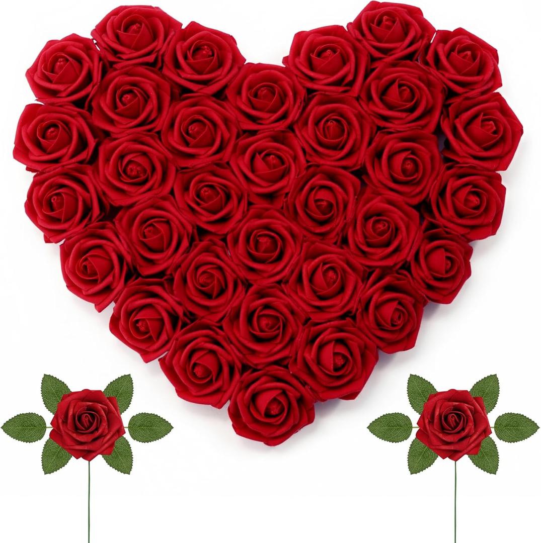 Lifewit Artificial Flowers, 50 Pcs Dark Red Foam Real Looking Roses with Stems, Fake Roses for DIY Wedding Bouquets, Centerpieces Arrangements, Valentine Decorations