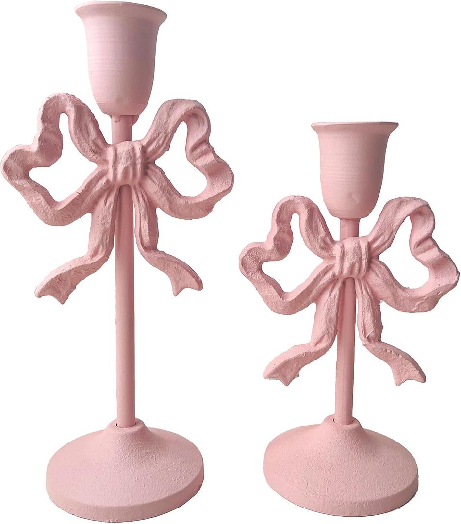 Pink Bow-Knot Iron Taper Candle Holder Set of 2,Pillar Candle Holders Decorative Candlestick Holder for Home Decor, Wedding, Dinning, Party