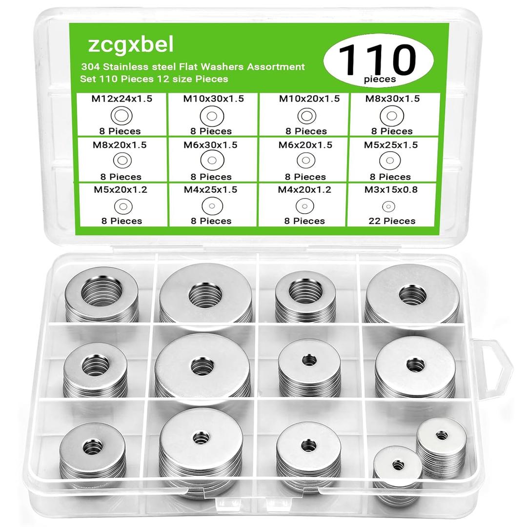 110 Pcs 304 Stainless Steel Metal Flat Washers for Screws and Bolts, Fender Washers Assortment Kit (12 Sizes M3-M12) for Automotive, Industrial & Home Use
