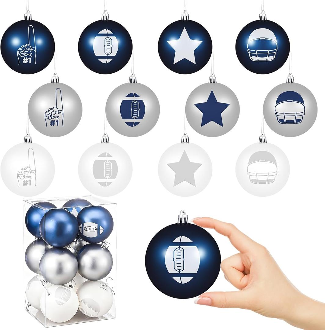 Soulchen 12 Pcs Football Ornaments Set 3.15 Inch Hanging Ball Ornaments Sports Football Themed Birthday Decor with Star Helmet Foam Finger Classic Blue and Grey Color (Transparent Thread)