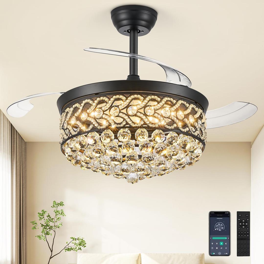 Crystal Fandelier Ceiling Fan with Light, 42" Retractable Ceiling Fans Chandelier Fan with Retractable Blades LED Dimmable Crystal Ceiling Fan Chandelier Fans for Bedroom Living Room etc-Black Crystal Fandelier Ceiling Fan with Light, 42" Retractable Ceiling Fans Chandelier Fan with Retractable Blades LED Dimmable Crystal Ceiling Fan Chandelier Fans for Bedroom Living Room etc-Black