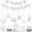Happy 25th Anniversary Banner Cheers to 25 Years Silver Wedding Anniversary Party Decorations Supplies Cake Topper Hanging Swirls Honeycomb Centerpiece