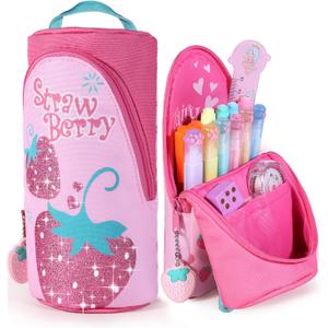 2 x Magnetic Standing Pencil Case for Girls - Back to School Stuff, Cute Strawberry Standing Zipper Pencil Case, Large Capacity Stand up Pen Bag, Stationery Pen Holder, Study Supplies for Students