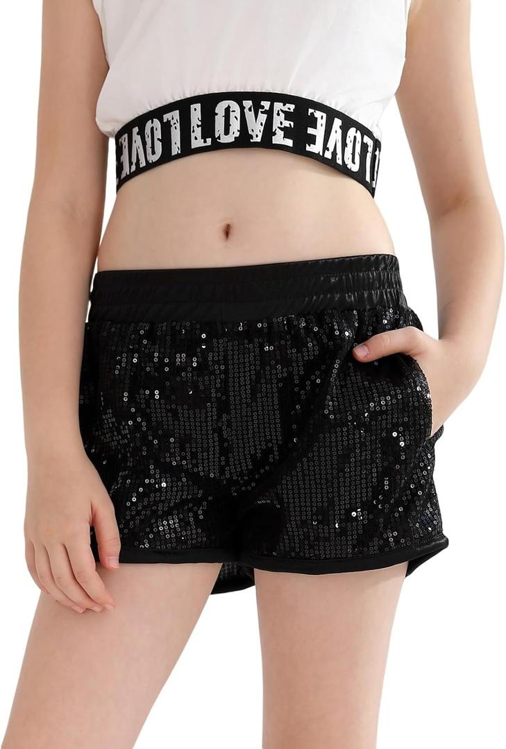 Girls Sequin Shorts High Waist Sparkly Rave Loose A Line Hot Pants (8-9 Years)