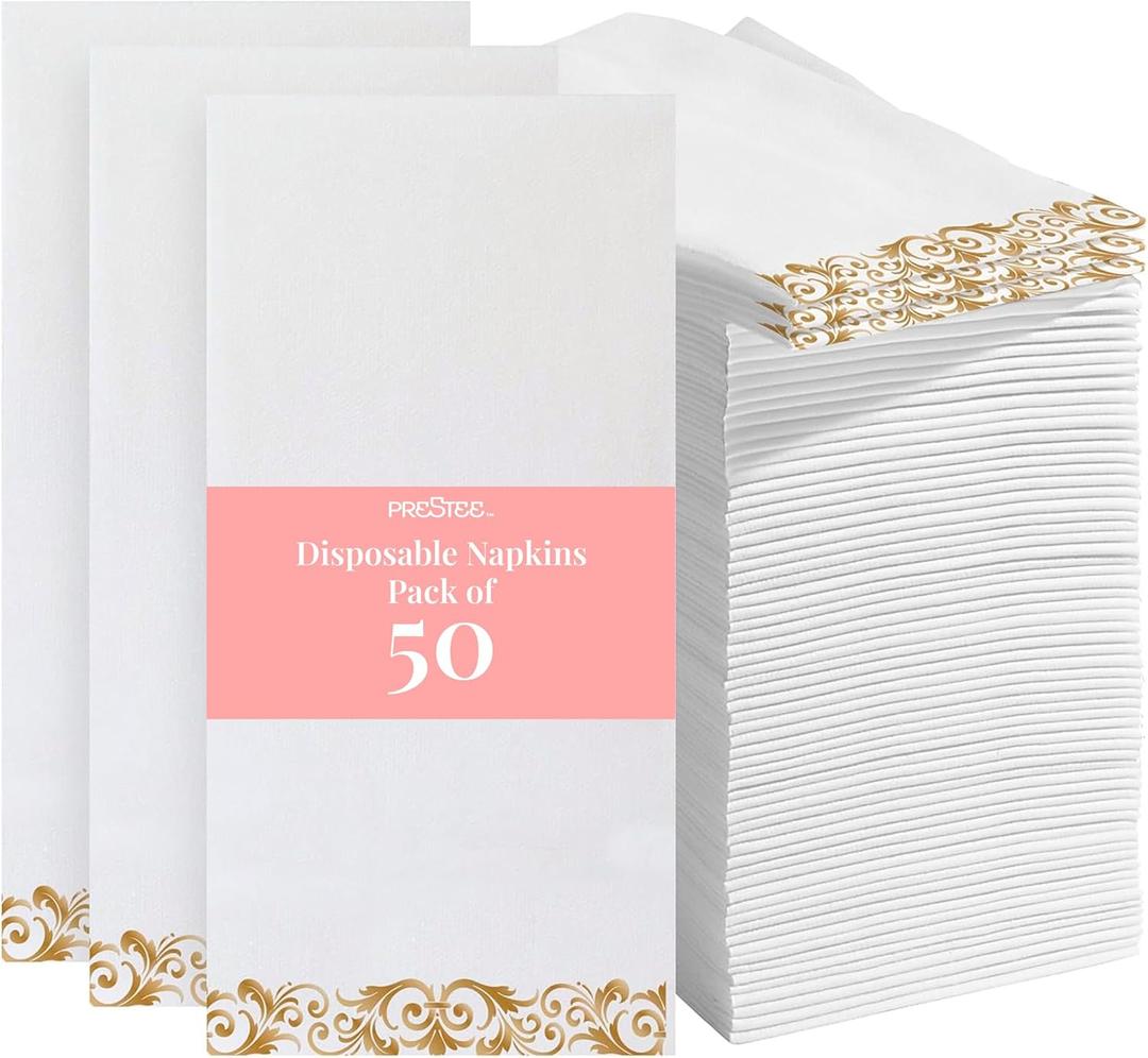 Prestee 50 Pack Disposable Hand Towels for Bathroom - Elegant Linen Feel Paper Napkins, 2-Ply - Absorbent Decorative Guest Towels for Bathroom, Wedding, and Party Use - (White and Gold)