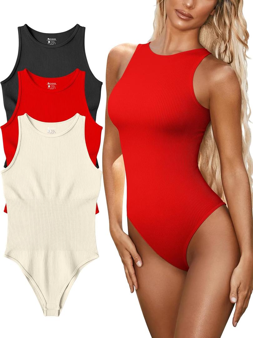 OQQ Women's 3 Piece Bodysuits Sexy Ribbed One Piece Sleeveless Halter Neck Tops Leotard Summer Trendy (Large, Black Red Beige)