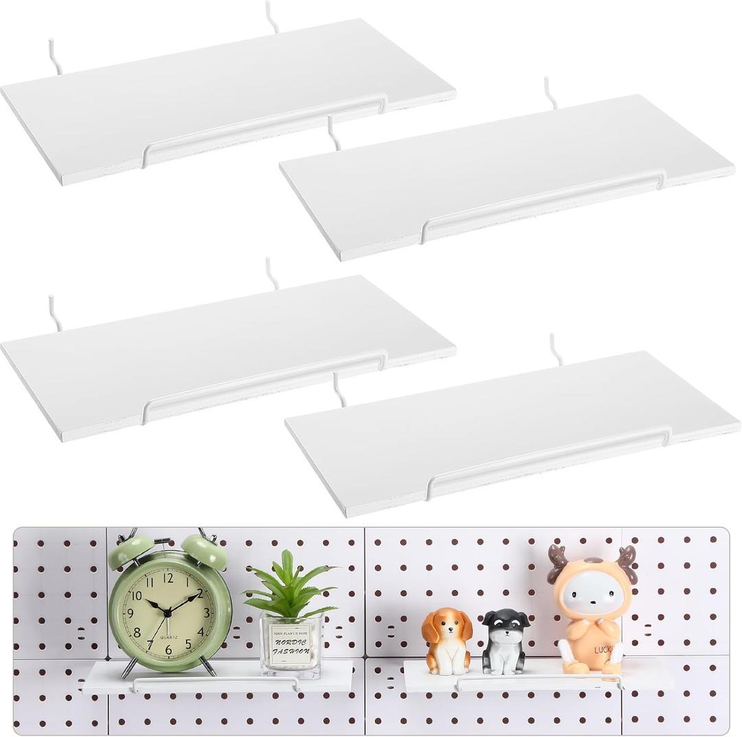 Wonderjune 4 Pcs Wooden Pegboard Shelves with Metal Pegboard Shelf Brackets Peg Board Display Storage Tray Wall Organizer Peg Board Accessories for Craft Room Home Kitchen(White,9.84 x 5 Inch)