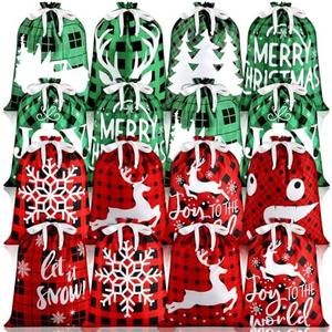 Windyun 15 Pcs Christmas Drawstring Bags Bulk Large Xmas Buffalo Plaid Drawstring Cloth Gift Bags 12 x 16 Inch Gift Wrapping Storage Sack for Party Favor (Red, Black, Green Buffalo Plaid)