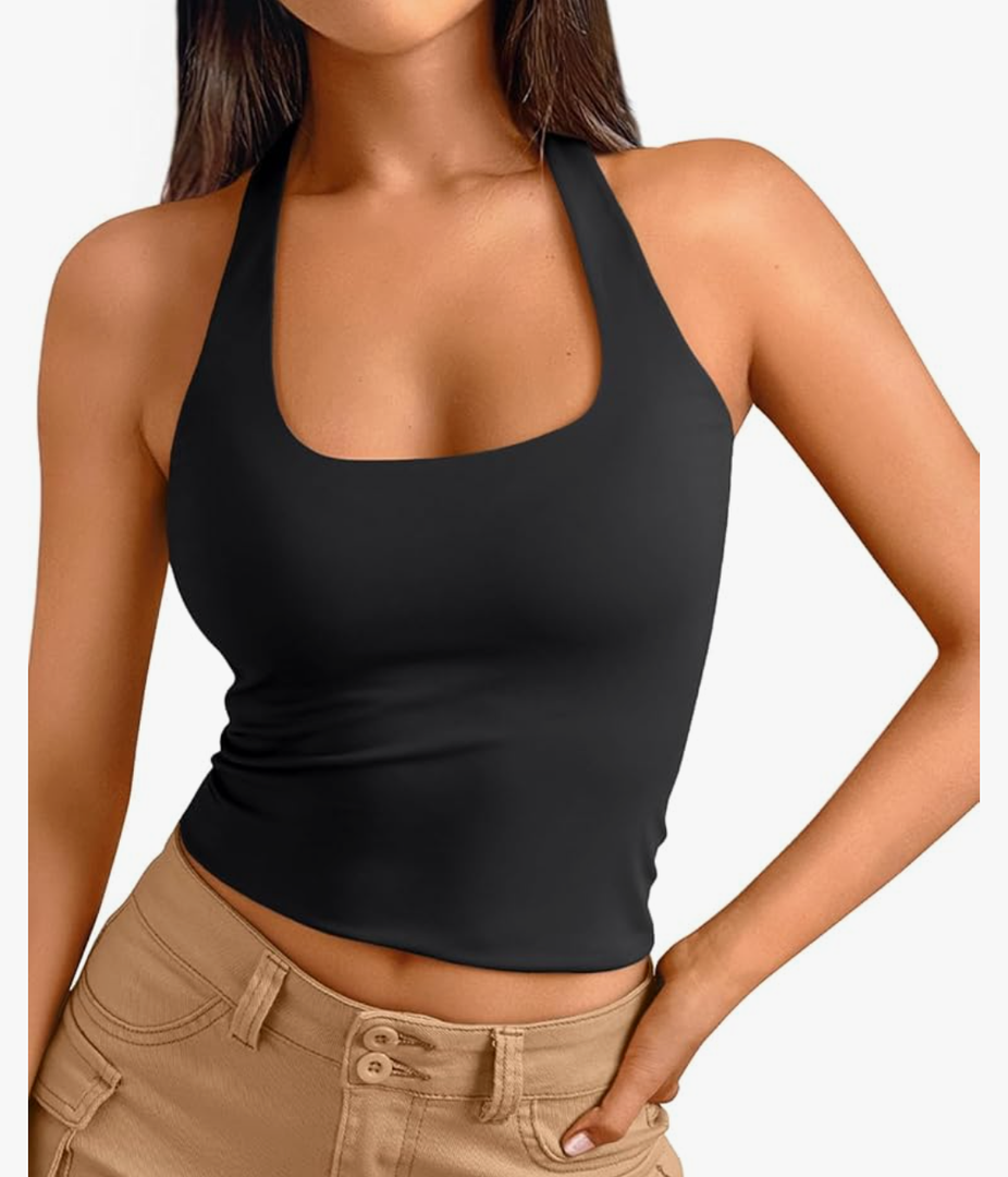 Trendy Queen Halter Tops for Women 2025 Summer Going Out Tops Backless Crop Sleeveless Workout Shirts Cute Y2k Clothes, Small