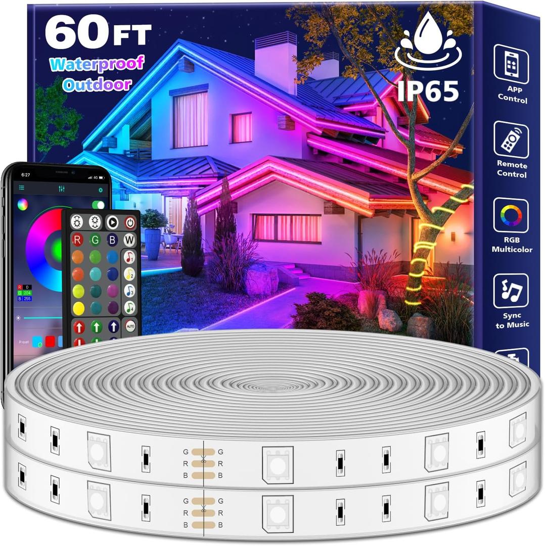 FBZ 60Ft Outdoor Waterproof LED Strip Lights, Music Sync RGB IP65 Led Lights with App Control and Remote, Color Changing Waterproof Led Rope Lights for Outdoor, Balcony, Roof, Garden, Stairs Party