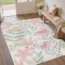 Pink Area Rug 3x5 Washable Office Carpet Boho Living Room Door Mat Non Slip Kitchen Soft Cute Bedroom Botanical Indoor Accent Rug for Dining Room Nursery Bathroom Farmhouse