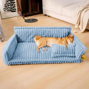 FUNNY FUZZY Dog Bed Orthopedic & Fluffy Dog Couch Bed, Corduroy Fleece Pet Beds Washable, Supportive Foam Pet Sofa Bed with Removable Zipper Cover - Snoozy Dream, Blue, XXL