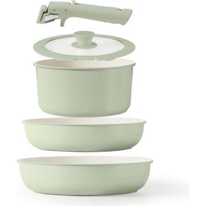 CAROTE 5pcs Pots and Pans Set Non Stick, Cookware Sets, Kitchen Set, Oven/Dishwasher/Fridge Safe, Space Saving Pots Set, Nonstick Set with Versatile Detachable Handle, Induction RV Set, Green