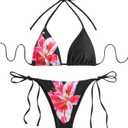 SEGT Women's 2 Piece Floral Print Halter Neck Tie Bikini Set Triangle String Thong Swimsuit Summer Bathing Suits for Women (Medium, Black)