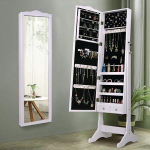 Dressing Mirror with Jewelry Box Full Length Mirror Jewelry Organizer Lockable Wood Standing Jewelry Armoire with Mirror