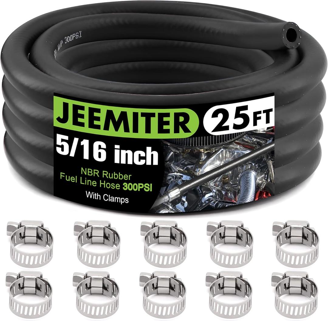 Jeemiter 5/16" ID Fuel Line Hose Kit - 25FT Professional Grade NBR Rubber with 10 Clamps - SAE 30R7 Replacement for Gas, Oil, Diesel in Cars, Trucks, Boats, Lawn Mowers