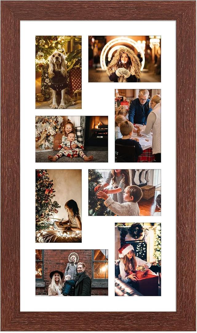 11.8x21.8 Picture Frame Display 8 opening 4X6 Picture Frame Collage,Multi Photo Frame with Mat,Plexiglass,Wall or Tabletop Decor,Walnut Wood Grain, 11.8x21.8 - (8 open4x6)