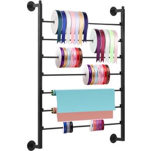 Yonynise Ribbon Storage Organizer,31.5-inch Width Wall Mounted Ribbon Holder Rack,7 Tier Large Capacity Metal Ribbon Storage for Craft Room,Flower Shop,Cake Shop,Gift Wrapping Paper,Black