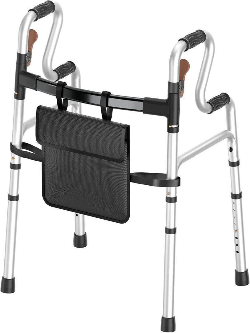 HOMLAND Folding Walkers for Seniors, Self-Standing Lightweight Aluminum Frame Standard Walker with Storage Bag, Height Adjustable, 350 lbs Capacity, No Wheels, Silver