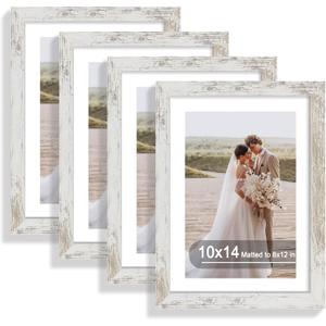 10x14 Picture Frame Set of 4, Made of Glass and Distressed White Wooden Frame, Display 8x12 Pictures with Mat or 30 x 40cm Diamond Painting Art without Mat for Wall Mounting, Gallery Photo Frames