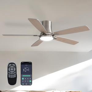 52 Inch Low Profile Ceiling Fan with Light and Remote Flush Mount Ceiling Fans, Noiseless, 6 Speeds Reversible, Dimmable, Ceiling Fan for Bedroom, Living Room