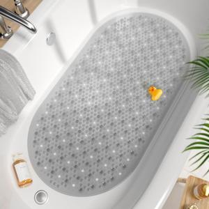 HITSLAM Oval Bathtub Mat Non Slip, 27x15 Inch Bubble Bath Tub Mat for Bathroom, Machine Washable Shower Mat with Suction Cups and Drain Holes, Grey