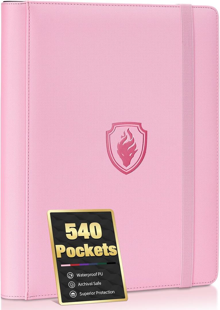 Premium 9 Pocket Card Binder for 540 Cards, Fabmaker PU Cover Trading Card Binder, Sturdy Card Collection Album, Sleek Card Holder Folders for Game Cards & Sports Cards, Pink