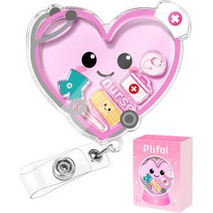 Plifal Nurse Shaker Badge Reel – Cute Pink Retractable ID Badge Holder with Alligator Clip Floating Glitter Design, Fun Medical Badge Reel for Nurses Healthcare Workers Women Gifts