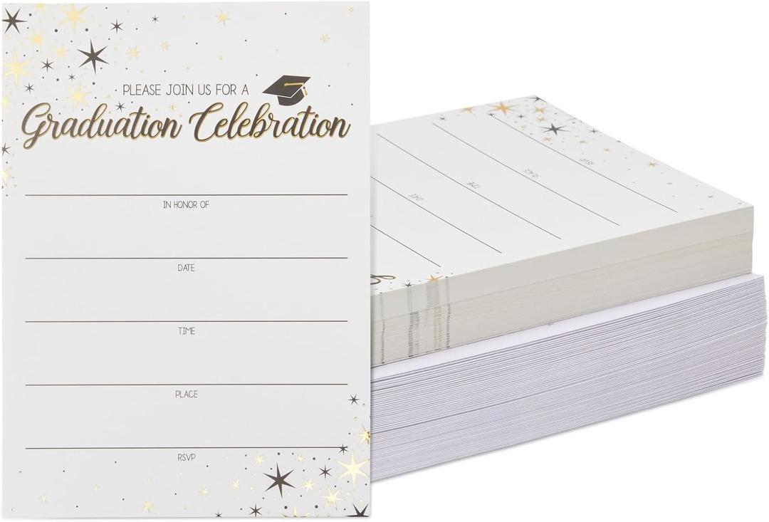 Best Nest Wellness Graduation Party Invitations - Pack of 60, 5 x 7 in, White - Customizable Guest Info Invitation Cards - Gold Foil Star Accent Party Pack - Durable Card With Envelope