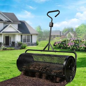 Compost Spreader 36 Inch Push/Tow Peat Moss Spreader with Installation Support, Powder-Coated Metal Mesh Roller Spreader for Manure , Lawn Care, Garden Spreading, Top Dressing & Mulch - Soil Spreader