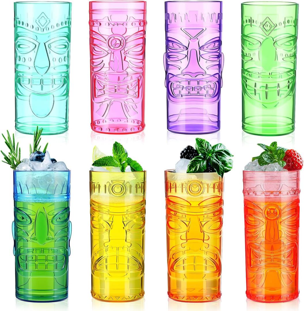 Geelin 8 Pack Plastic Tiki Cups 26 oz Tiki Bar Mugs for Cocktails Extra Large Luau Party Cups Hawaiian Exotic Cocktails Glasses for Tropical Island Drinks Hawaiian Luau Party Barware