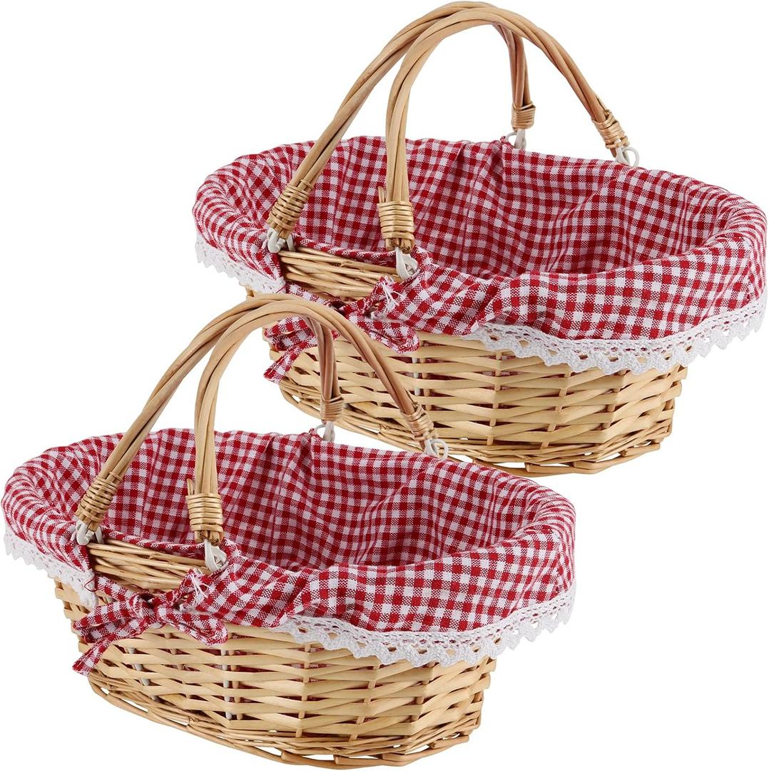 2 PCS Natural Wicker Basket with Double Handles and Washable Gingham Liner, Small Hand Woven Gifts Basket Empty for Easter, Picnics, Gifts, Home Decor, Candy Fruit Storage, 13 x 9 x 4.7 Inch