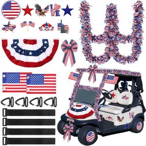 18 Pcs 4th of July Parade Golf Cart Decorations Independence Day Parade Bunting Flag Golf Cart Flags with Elastic Strap Bracket Tinsel Garland Golf Cart Stickers for Memorial Day Party Decor