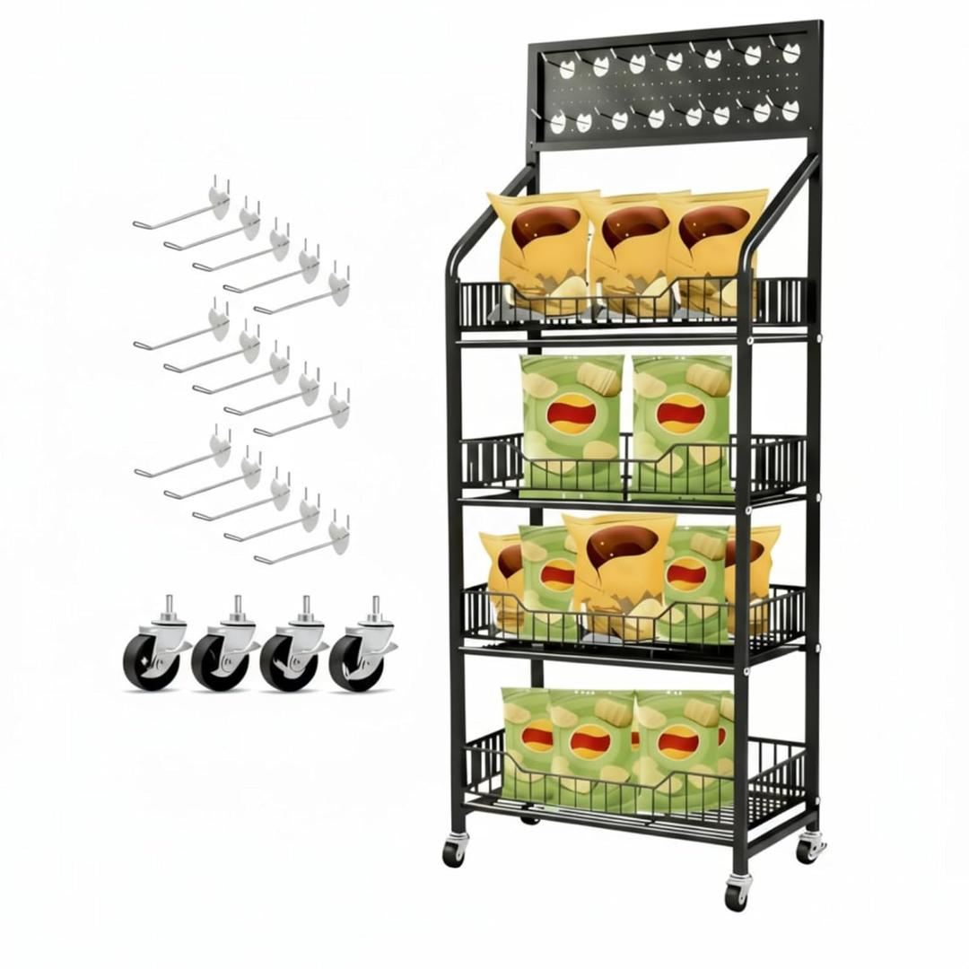 DoubleFill 1 Set 4 Tier Retail Display Rack Shelf Cart with Wheels and 15 Hook Heavy-Duty Metal Snack Potato Chip Display Organizer Concession Stand for Supermarket Grocery Store Home Black, 55.12 x 11 x 20 inches