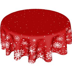 Christmas Round Tablecloth 60 Inch, Merry Christmas Snowflake Round Table Cloth Outdoor Waterproof Christmas Tablecloths Red Xmas Cover Holiday Tabletop Decoration for Kitchen Home Party Dining