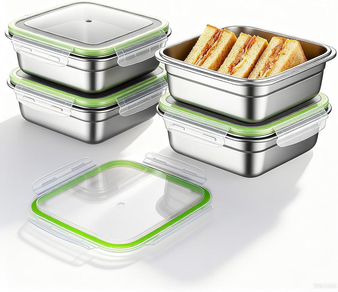 4 Pack Stainless Steel Sandwich Container with Lids 25. 4 Oz Metal Sandwich Container for Lunch Boxes with Airtight Silicone Seal for Snacks Fruit Home Office Outdoor Picnic, 6.1 x 6.1 x 2.36 inches