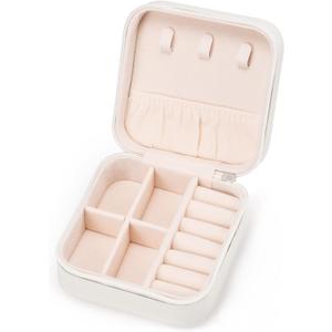 VOMNA Mini Jewelry Travel Case,Small Jewelry Box,Traveling Jewelry Organizer,Portable Jewellery Storage Holder for Rings Earrings Necklace Bracelet Bangle Organizer Boxes for Girls Women(PU-White) (J1 - 1 Pack - White)