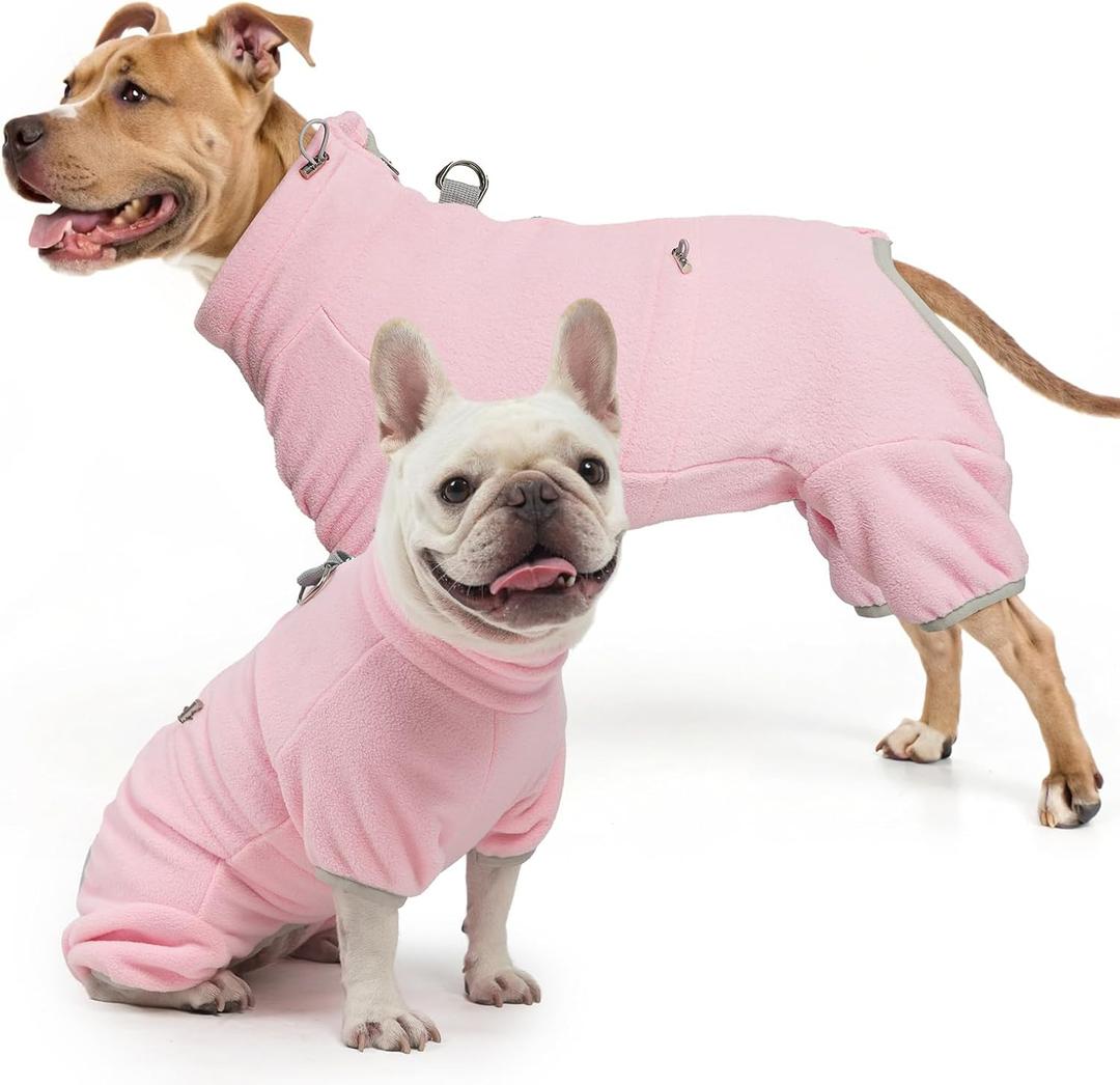 SCENEREAL Fleece Dog Winter Coat with Harness Built in, Soft Pajamas Warm Dog Sweater, Cold Weather Pet Jacket Jumpsuit Apparel Outfit for Small Medium Dogs Walking Hiking Sleep, Pink SM (Small/Medium(Back Length 14"), Zip Up-Pink)