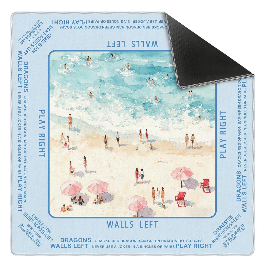 FDHSPAAM Coastal Beach Mahjong Mat 31.5 x 31.5 Inch, Preppy Pink and Blue Ocean Seaside Summer Non-Slip Noise Reduction Mahjong Table Mat for American Mah Jong Poker Card Board Games Dominoes