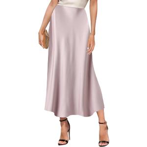 GOLDSTITCH Women's Satin High Waist Skirts Elegant Flared Casual A Line Maxi Skirt (Medium, Light Purple)