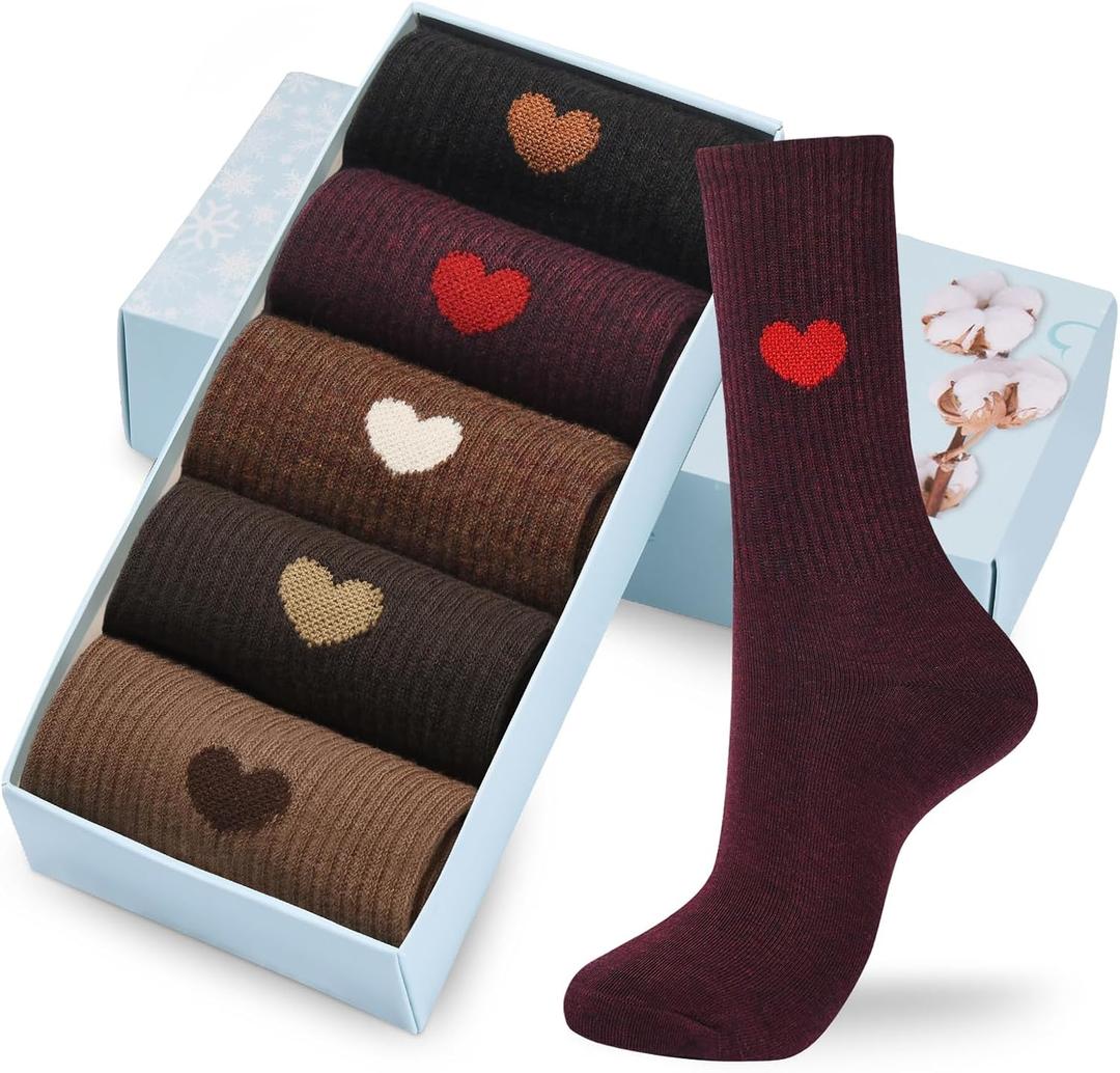 Corlap Women's Cute Cotton Crew Athletic Running Socks - Ankle High, Novelty Fun Heart Design 5-Pairs (Gift Box) (5pairs-light Color)